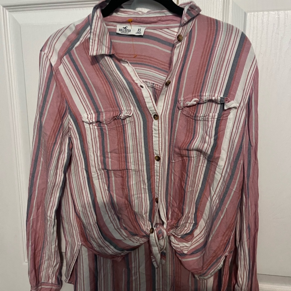 Hollister Striped Button-Down Shirt in Pink and White